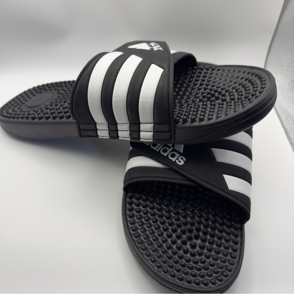 Adidas Slide Sandals Mens Size 12 Black White Slides Adjustable Straps
